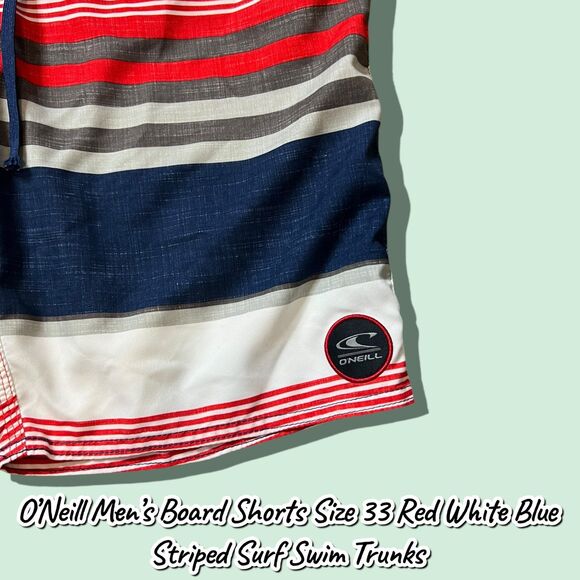 Preowned O’Neill Men’s Board Shorts Size 33 Red White Blue Striped Surf Swim Tru - Picture 4 of 8